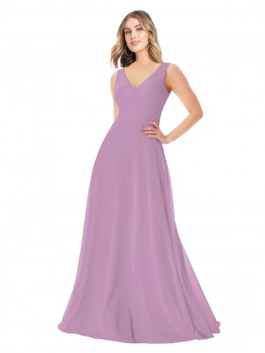 Chiffon Decote V Sem Mangas Comprimento Chão Lavanda Escura Linha A Vestidos de Madrinha Baratos
