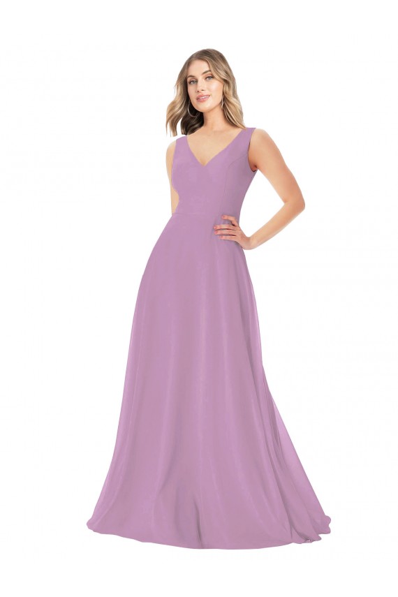 Chiffon Decote V Sem Mangas Comprimento Chão Lavanda Escura Linha A Vestidos de Madrinha Baratos