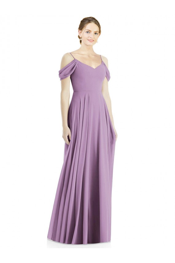 Chiffon Fora do Ombro Sem Mangas Lombar Comprimento Chão Linha A Longo Vestidos de Madrinha Baratos