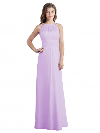 Chiffon Cabeçada Sem Mangas Buraco da fechadura Comprimento Chão Lilás Linha A Vestidos de Madrinha Baratos