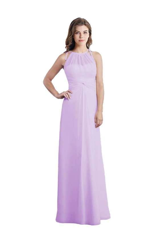 Chiffon Cabeçada Sem Mangas Buraco da fechadura Comprimento Chão Lilás Linha A Vestidos de Madrinha Baratos