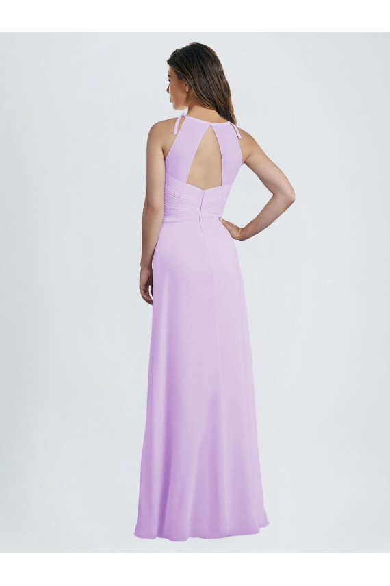 Chiffon Cabeçada Sem Mangas Buraco da fechadura Comprimento Chão Lilás Linha A Vestidos de Madrinha Baratos