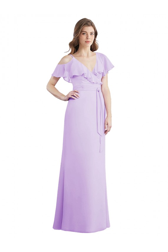 Chiffon Decote V Ombro Frio Costas em V Comprimento Chão Longo Linha A Vestidos de Madrinha Baratos