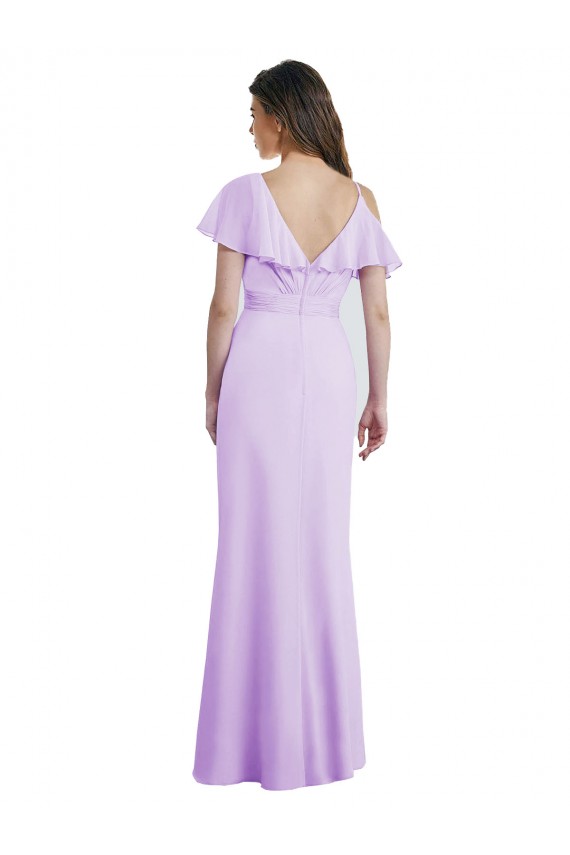Chiffon Decote V Ombro Frio Costas em V Comprimento Chão Longo Linha A Vestidos de Madrinha Baratos