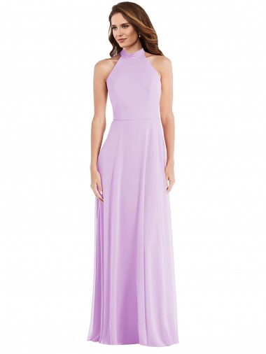 Chiffon Cabeçada Sem Mangas Lombar Comprimento Chão Linha A Lilás Vestidos de Madrinha Baratos