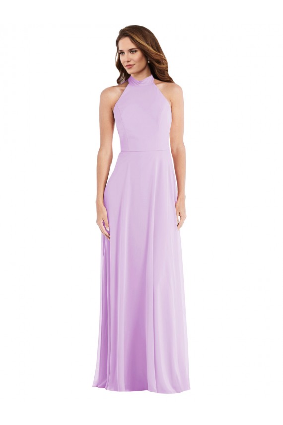 Chiffon Cabeçada Sem Mangas Lombar Comprimento Chão Linha A Lilás Vestidos de Madrinha Baratos
