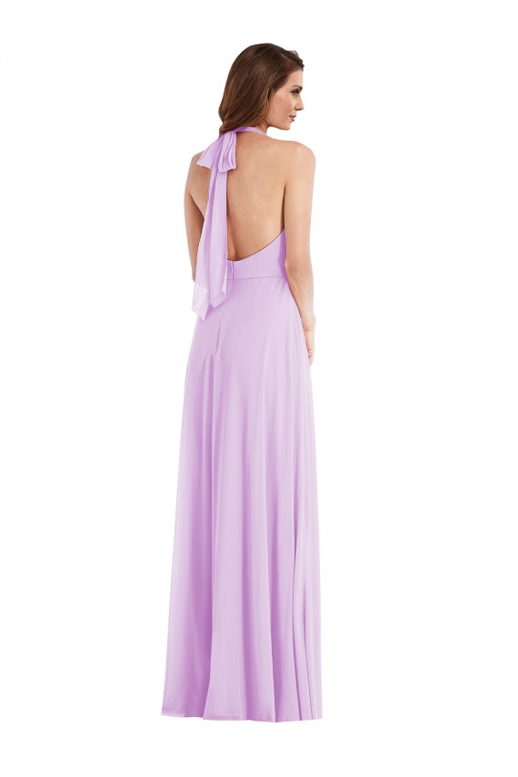 Chiffon Cabeçada Sem Mangas Lombar Comprimento Chão Linha A Lilás Vestidos de Madrinha Baratos