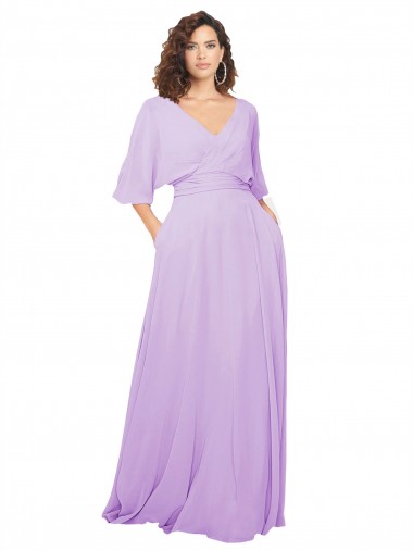 Chiffon Decote V Mangas 1/2 Lombar Comprimento Chão Vestidos de Madrinha Baratos