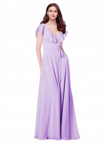 Chiffon Decote V Mangas Curtas Costas em V Comprimento Chão Lilás Vestidos de Madrinha Baratos