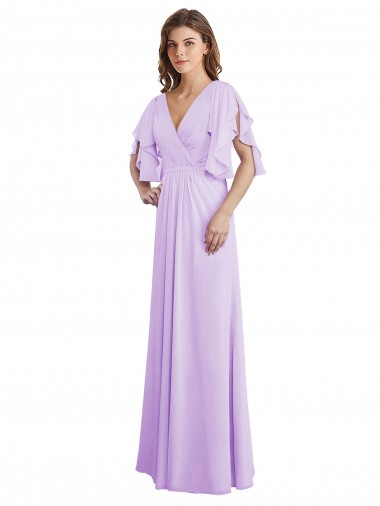 Chiffon Decote V Mangas Esvoaçantes, Mangas Divididas Costas em V Comprimento Chão Linha A Vestidos de Madrinha Baratos