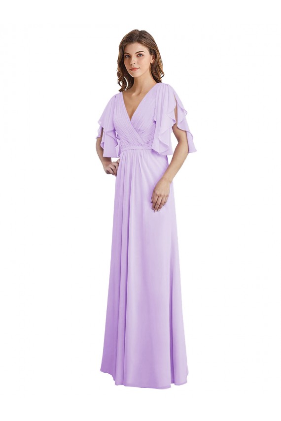 Chiffon Decote V Mangas Esvoaçantes, Mangas Divididas Costas em V Comprimento Chão Linha A Vestidos de Madrinha Baratos