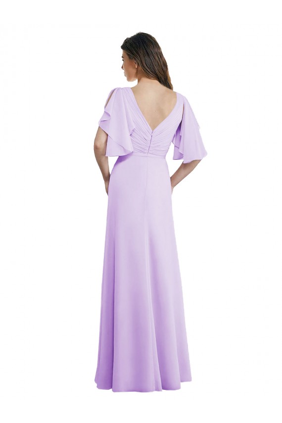 Chiffon Decote V Mangas Esvoaçantes, Mangas Divididas Costas em V Comprimento Chão Linha A Vestidos de Madrinha Baratos