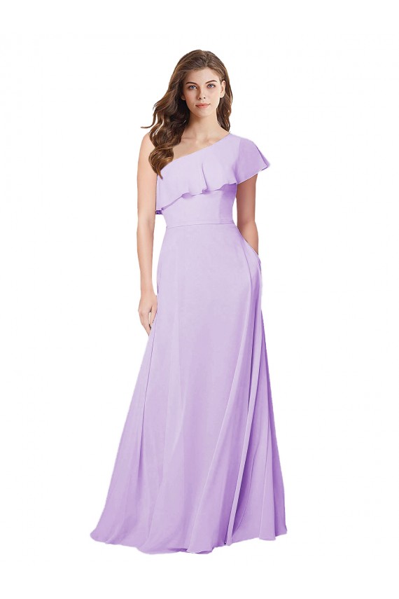 Chiffon Um Ombro Sem Mangas Comprimento Chão Longo Linha A Vestido de Festa / Vestido de Madrinha Baratos