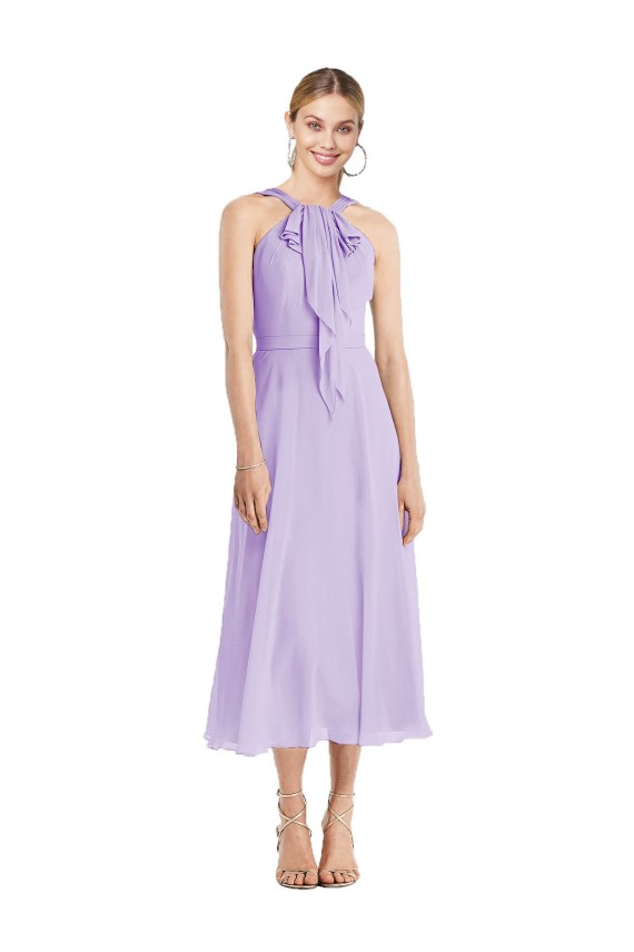 Chiffon Cabeçada Sem Mangas Costas em V Comprimento Chá Vestidos de Madrinha / Vestidos de Cocktail Baratos