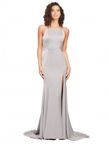 Cetim Elástico Decote Alto Sem Mangas Lombar Comboio Varredela Vestidos de Madrinha / Vestidos de Noite / Vestidos de Festa Baratos