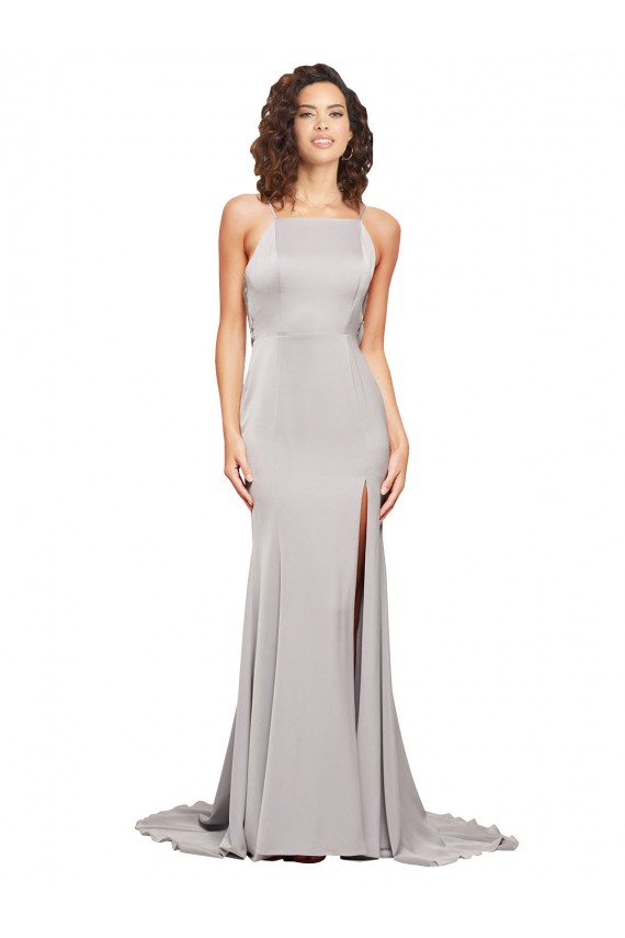 Cetim Elástico Decote Alto Sem Mangas Lombar Comboio Varredela Vestidos de Madrinha / Vestidos de Noite / Vestidos de Festa Baratos