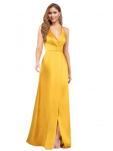 Cetim Sedoso Decote V Sem Mangas Abrir de volta Comprimento Chão Longo Linha A Vestidos de Madrinha / Vestidos de Noite / Vestidos de Festa Baratos
