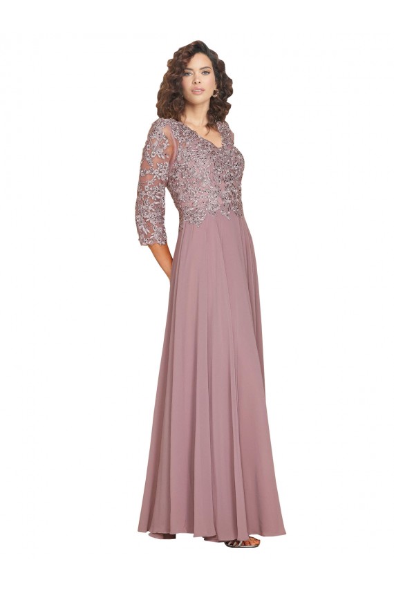 Chiffon Decote V Mangas Compridas Comprimento Chão Vestidos de Madrinha / Vestidos de Festa Baratos
