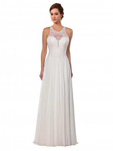 Chiffon Decote Ilusão Sem Mangas Comboio Capela Vestidos de Noiva Baratos
