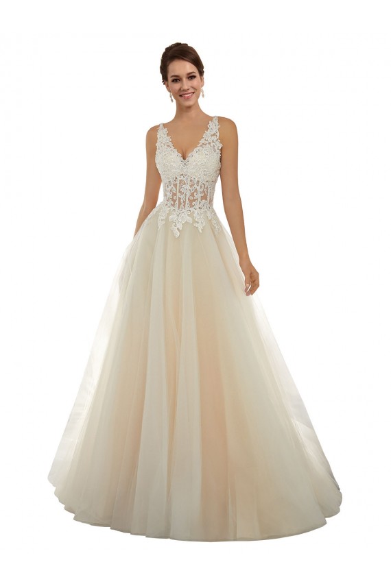 Tule & Renda Decote V Sem Mangas Comboio Capela Vestido de Noiva Clássicos Baratos
