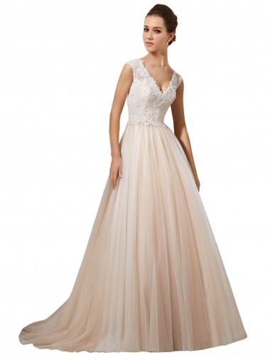 Tule & Renda Decote V Sem Mangas Comboio Capela Marfim & Champanhe Vestidos de Noiva Baratos