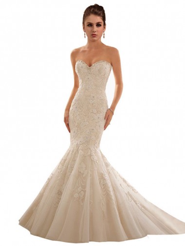 Tule & Renda Amor Sem Mangas Comboio Capela Longo Sereia Vestido de Noiva Baratos