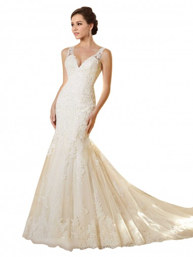 Tule & Renda Decote V Sem Mangas Abrir de volta Comboio Capela Vestidos de Noiva Baratos