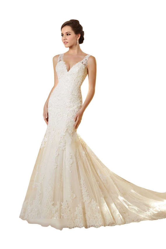 Tule & Renda Decote V Sem Mangas Abrir de volta Comboio Capela Vestidos de Noiva Baratos