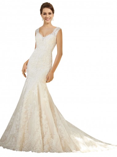 Tule & Renda Decote V Sem Mangas Lombar Comboio Capela Vestidos de Noiva Baratos