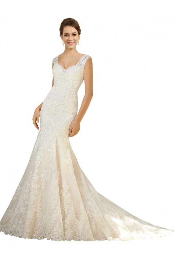 Tule & Renda Decote V Sem Mangas Lombar Comboio Capela Vestidos de Noiva Baratos