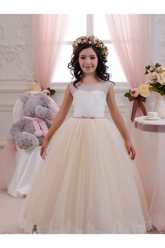 Tule & Renda Amor Sem Mangas Comprimento Chão Vestido de Baile Vestidos para Meninas de Flores Baratos