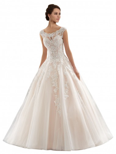 Tule & Renda Barco Mangas Curtas Comboio Capela Vestido de Baile Vestidos de Noiva Baratos