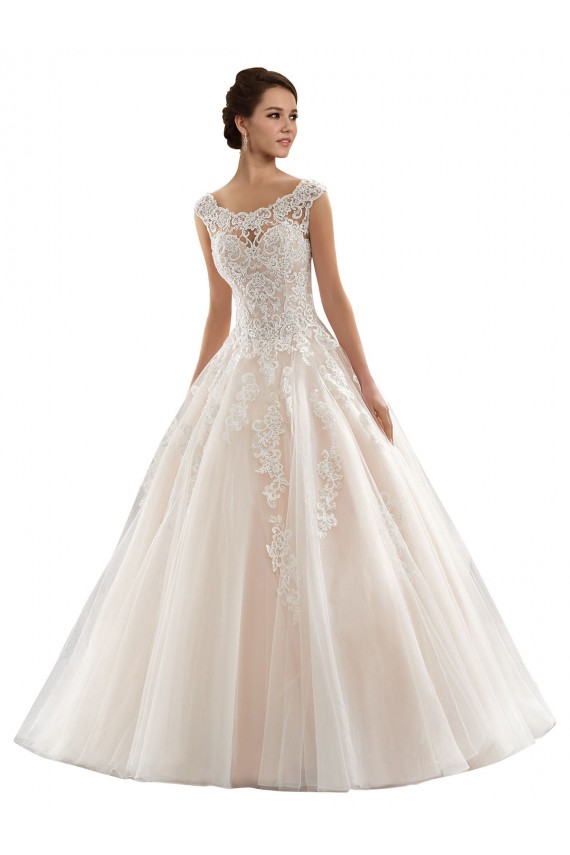 Tule & Renda Barco Mangas Curtas Comboio Capela Vestido de Baile Vestidos de Noiva Baratos
