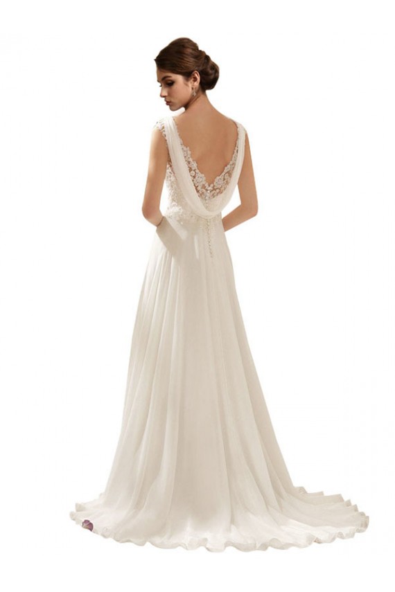 Chiffon & Renda Decote V Sem Mangas Lombar Comboio Varredela Vestidos de Noiva Baratos