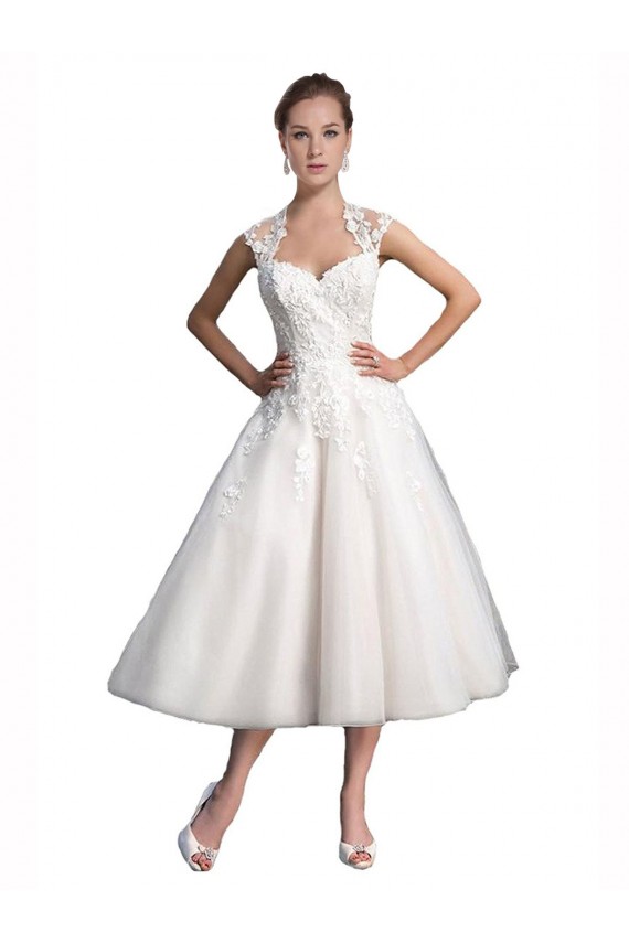 Tule & Renda Amor Sem Mangas Comprimento Chá Curto Vestidos de Noiva Baratos