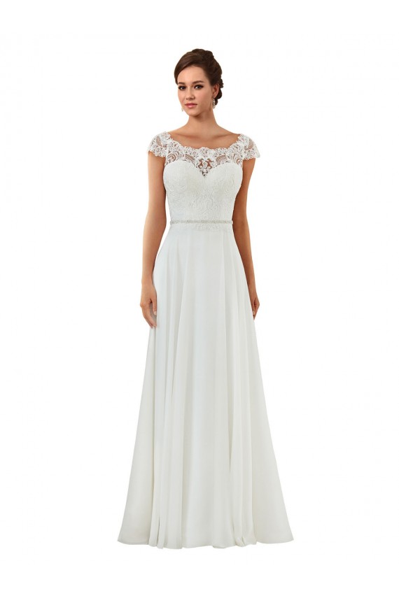 Chiffon Barco Mangas Curtas Abrir de volta Comboio Capela Vestidos de Noiva Baratos