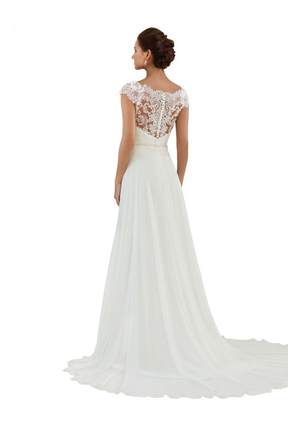 Chiffon Barco Mangas Curtas Abrir de volta Comboio Capela Vestidos de Noiva Baratos