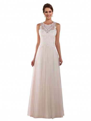 Tule & Renda Decote Alto Sem Mangas Comboio Capela Lindos Vestidos de Noiva Baratos