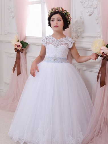 Tule & Renda Amor Mangas Curtas Comboio Capela Vestidos para Meninas de Flores Baratos