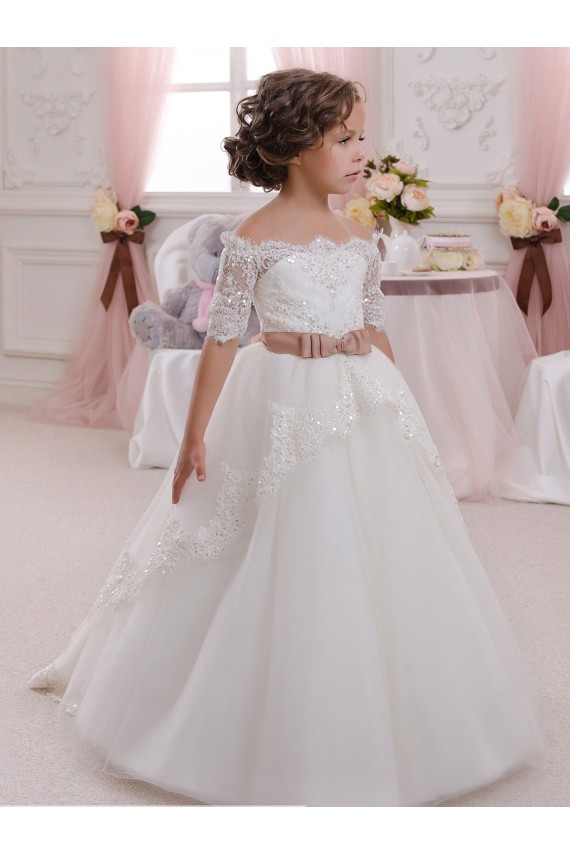 Tule & Renda Decote Alto Mangas Curtas Buraco da fechadura Comprimento Chão Vestidos para Meninas de Flores Baratos