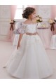 Tule & Renda Decote Alto Mangas Curtas Buraco da fechadura Comprimento Chão Vestidos para Meninas de Flores Baratos
