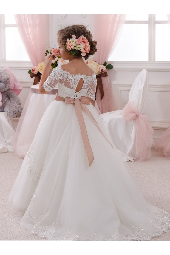 Tule & Renda Decote Alto Mangas Curtas Buraco da fechadura Comprimento Chão Vestidos para Meninas de Flores Baratos