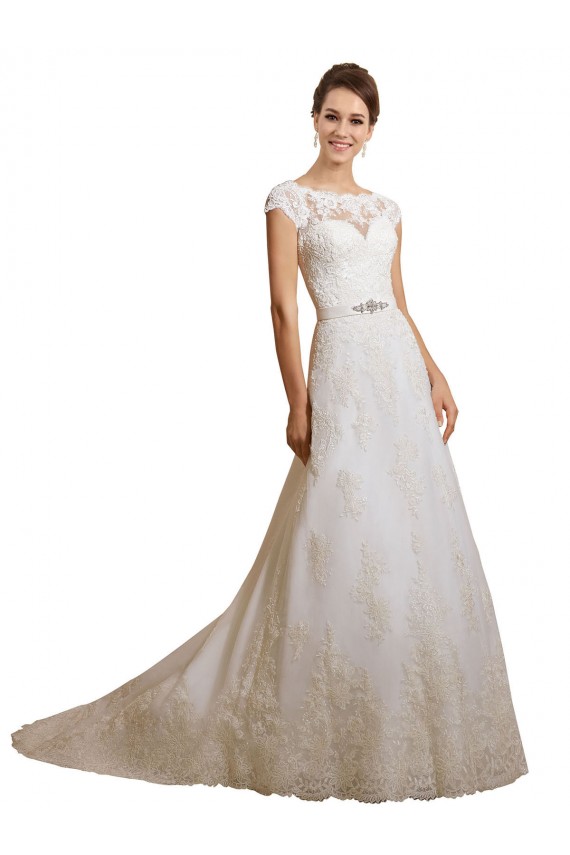Tule & Renda Decote Ilusão Mangas Curtas Comboio Capela Longo Linha A Vestidos de Noiva Baratos