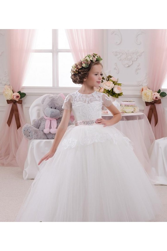 Tule & Renda Amor Sem Mangas Comprimento Chão Vestidos para Meninas de Flores Baratos