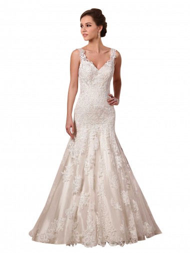 Tule & Renda Decote V Sem Mangas Comboio Capela Marfim Longo Vestidos de Noiva Baratos