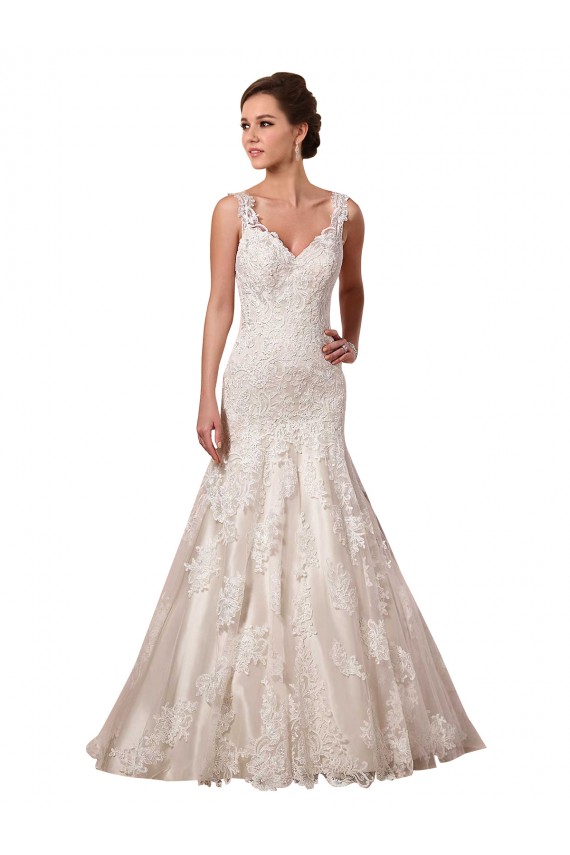 Tule & Renda Decote V Sem Mangas Comboio Capela Marfim Longo Vestidos de Noiva Baratos