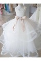 Tule & Renda Decote Alto Sem Mangas Comprimento Chão Vestidos para Meninas de Flores Baratos