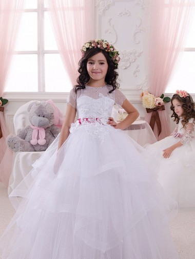 Tule & Renda Amor Mangas Curtas Comprimento Chão Vestidos para Meninas de Flores Baratos