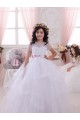 Tule & Renda Amor Mangas Curtas Comprimento Chão Vestidos para Meninas de Flores Baratos