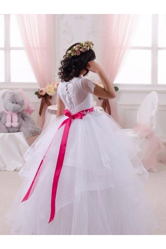 Tule & Renda Amor Mangas Curtas Comprimento Chão Vestidos para Meninas de Flores Baratos